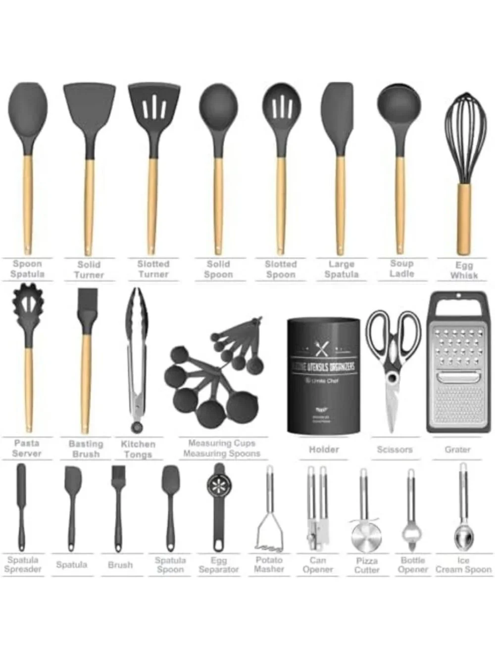 34PCS Silicone Kitchen Utensil Set - Heat Resistant Gadgets & Tools with Grater